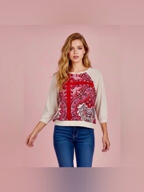 Anthropologie Tiny Red Paisley Mixed Media Top Boho Raglan Top, Medium/Large